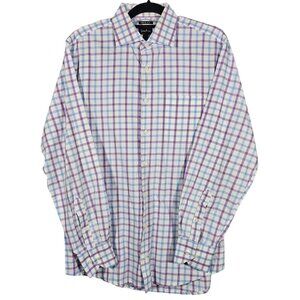 Neiman Marcus Mens Long Sleeve Button-Up Shirt Purple & Blue Checkered Cotton Bl